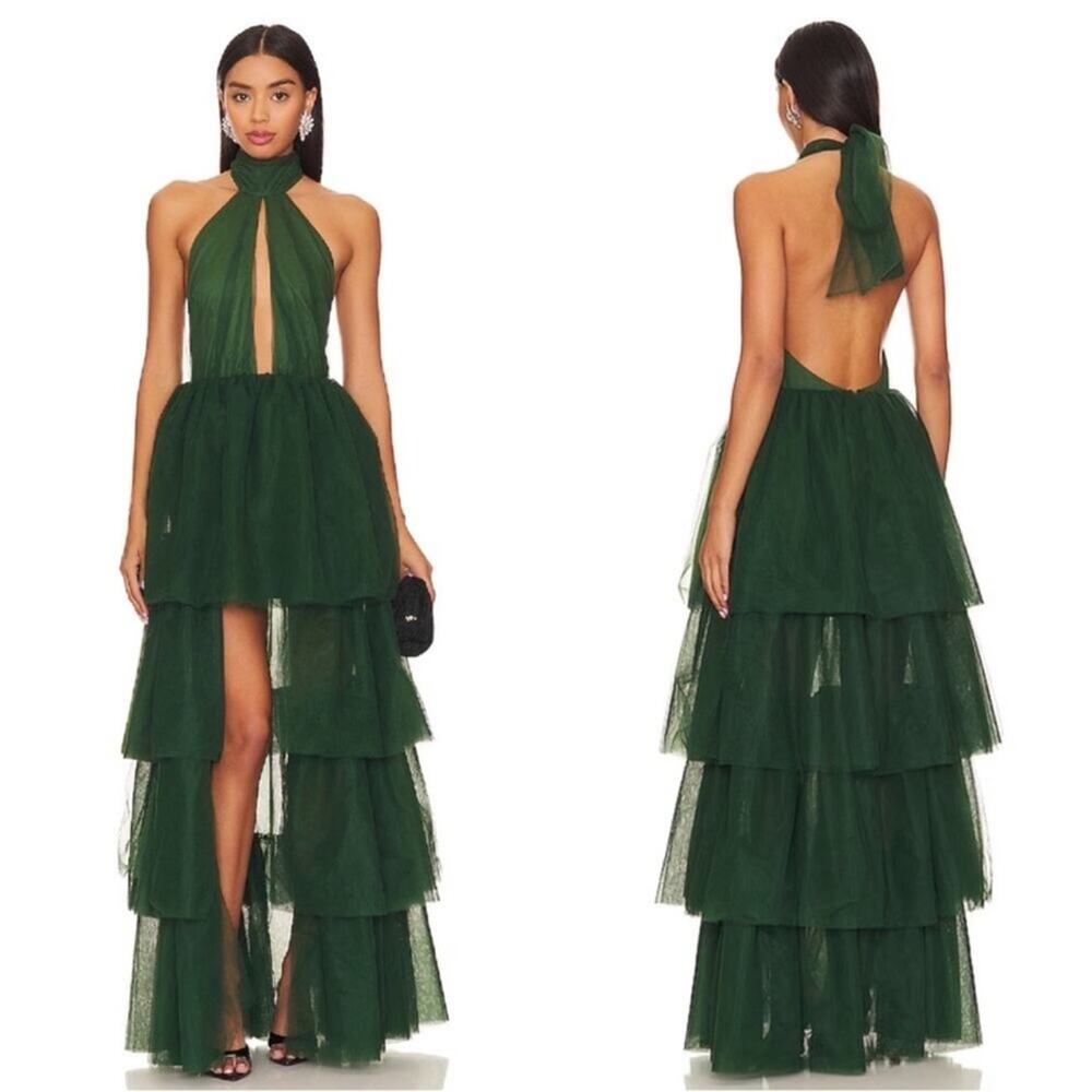 Lovers and Friends Forest Green Justine Tiered Tulle Maxi Dress Size XS